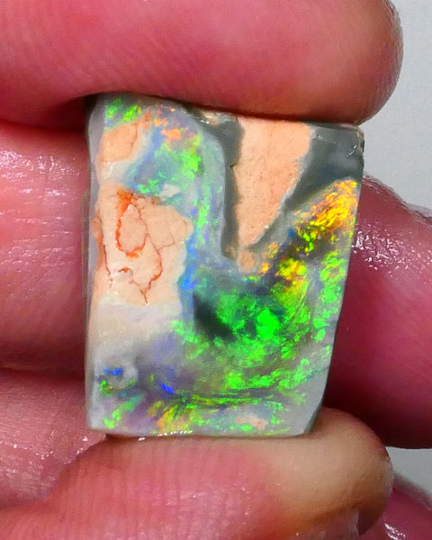 Australian Rub / Rough Dark base opal 13.40cts Lightning Ridge Sharp Very Bright Green / Yellow / Orange dominant Fires 19x15x7mm NSW172