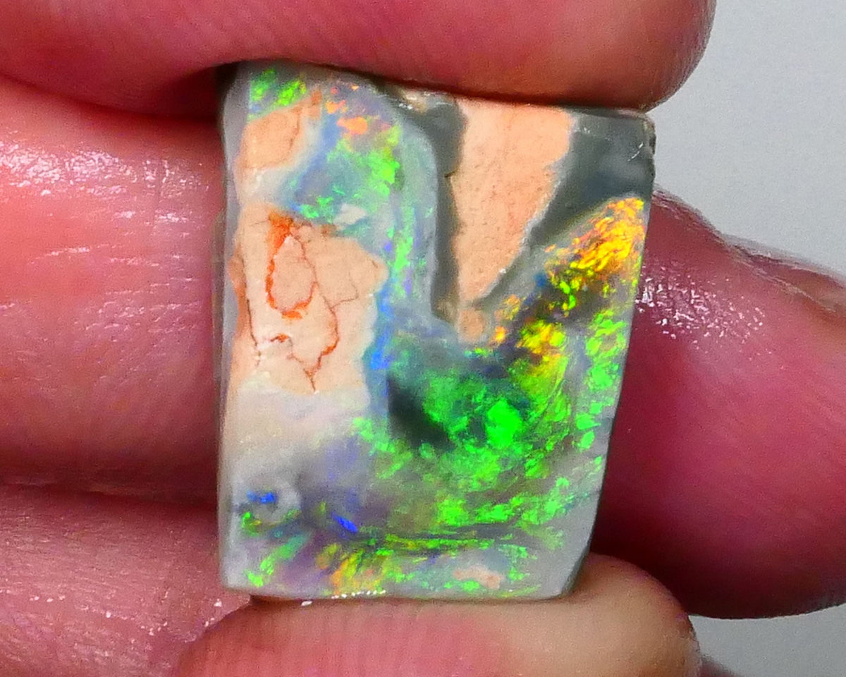 Australian Rub / Rough Dark base opal 13.40cts Lightning Ridge Sharp Very Bright Green / Yellow / Orange dominant Fires 19x15x7mm NSW172
