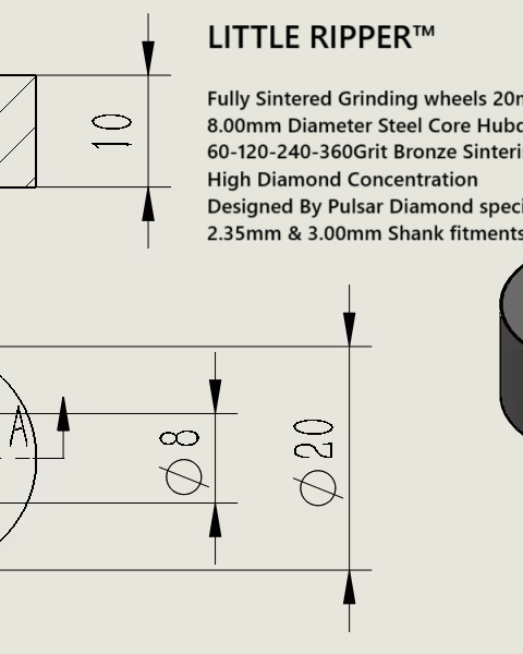 New for 2025 PULSAR DIAMOND® Fully Sintered Grinding wheels 20mm x 10mm 360 Grit Bronze High Diamond Concentration Designed for opal LITTLE RIPPER™ Hubdrive™ M3 Screw on Grinding/Burr wheels Lapidary rotary tools carving 2.35mm or 3.00mm shanks