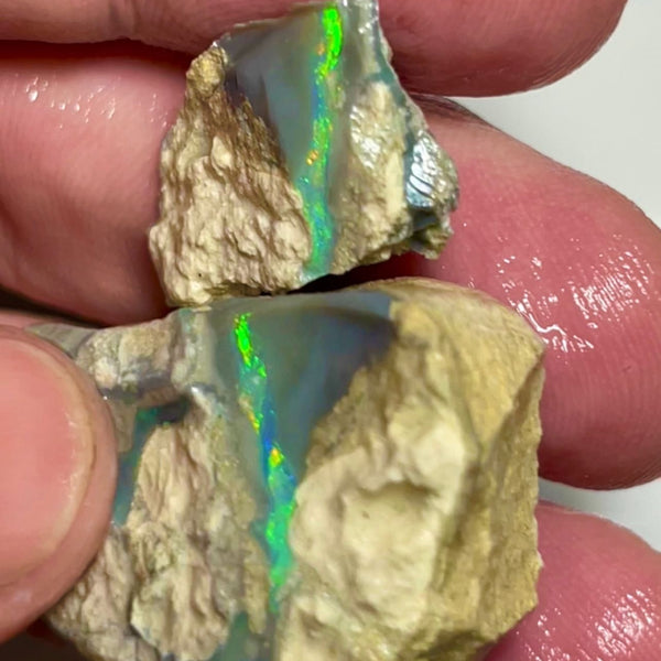 Bling Huge Grawin Dark base Multicolour Seam opal formation split pair 120.00cts Exotic Bright Vibrant Green dominant M.fires Sand/clay host rock Own a piece of Grawin 35x30x17 & 25x17x9 mm NSW070