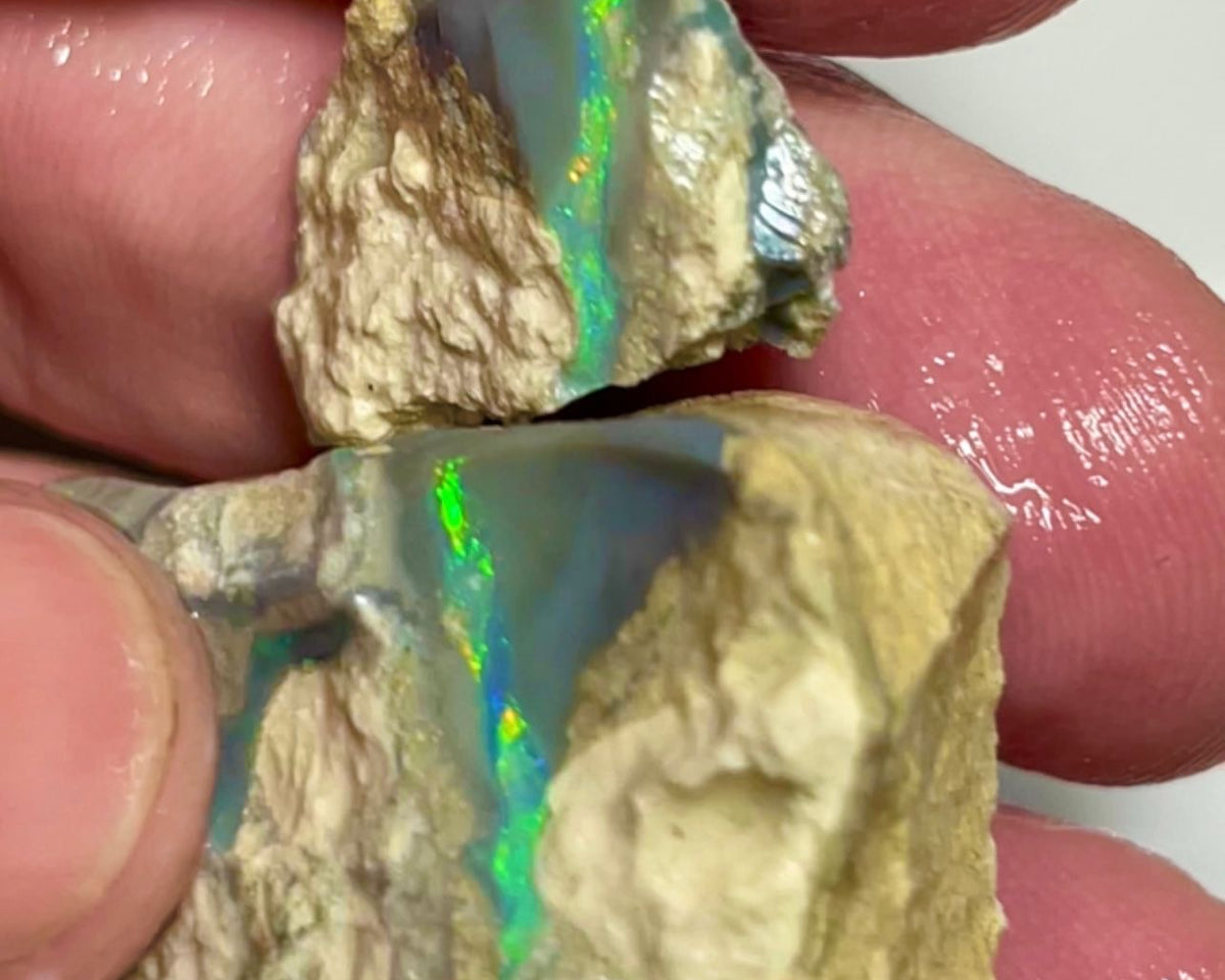 Bling Huge Grawin Dark base Multicolour Seam opal formation split pair 120.00cts Exotic Bright Vibrant Green dominant M.fires Sand/clay host rock Own a piece of Grawin 35x30x17 & 25x17x9 mm NSW070