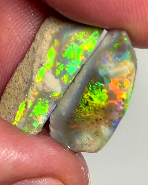 Australian Opal Rubs rough Pair 8cts Yellow/Orange dominant Bright Vivid Multifires to faces 21x9x4 & 22x8x2 mm WAE36