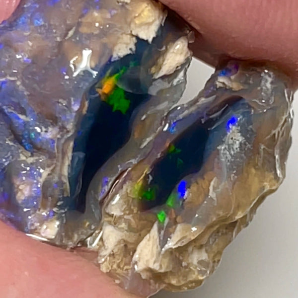 Lightning Ridge knobby opal rough 15.75cts Sun flashes of Multifires sat on black center 20x12x7 & 15x5x4mm NSW090