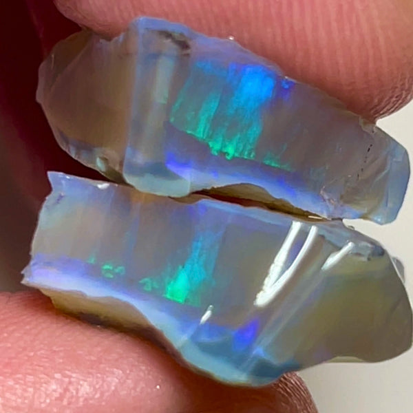 Coober Pedy Dark Crystal Seam opal rough split pair 30.00cts Green./Blue sun flashes 24x15x6mm & 20x18x5mm NSW186