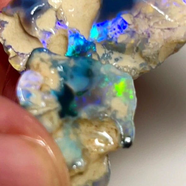 Lightning Ridge 28cts Nice pair of Dark base Crystal Opal formations rough to cut/carve Gorgeous Bright Multicolours 27x18x7 & 18x15x8mm NSW140
