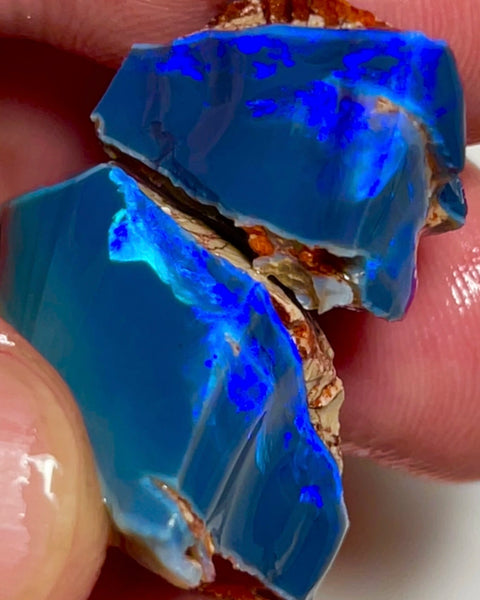 Gem Thick Black Seam opal rough split 55.00cts Lightning Ridge Bright Vibrant Blue dominant fires to cut 30x15x12 & 20x18x11mm NEW924