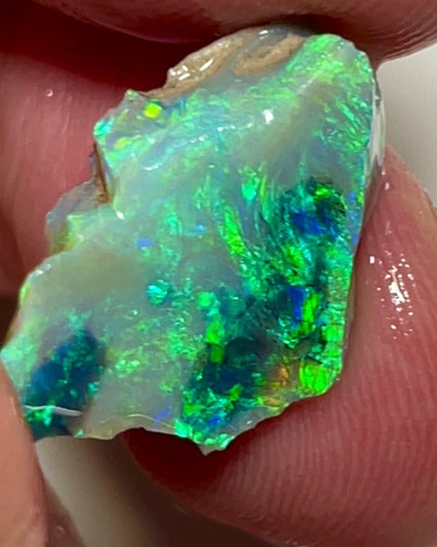 Mulga® Gem Dark/Crystal Seam opal rough 6.65cts Wee Warra Plains Very Exotic Bright Green / Yellow Dominant Multi Fires  rough to cut  18.00x 11.00x 4.00mm NEW930
