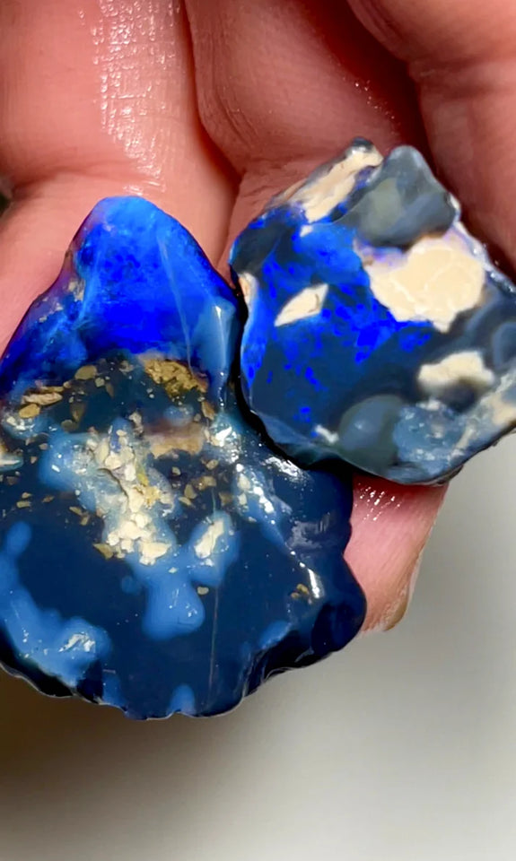 Big Blue on Black/Dark Rub rough seam opal pair 38cts L/Ridge nice Blues 30x25x5mm & 18x13x4mm NSW142
