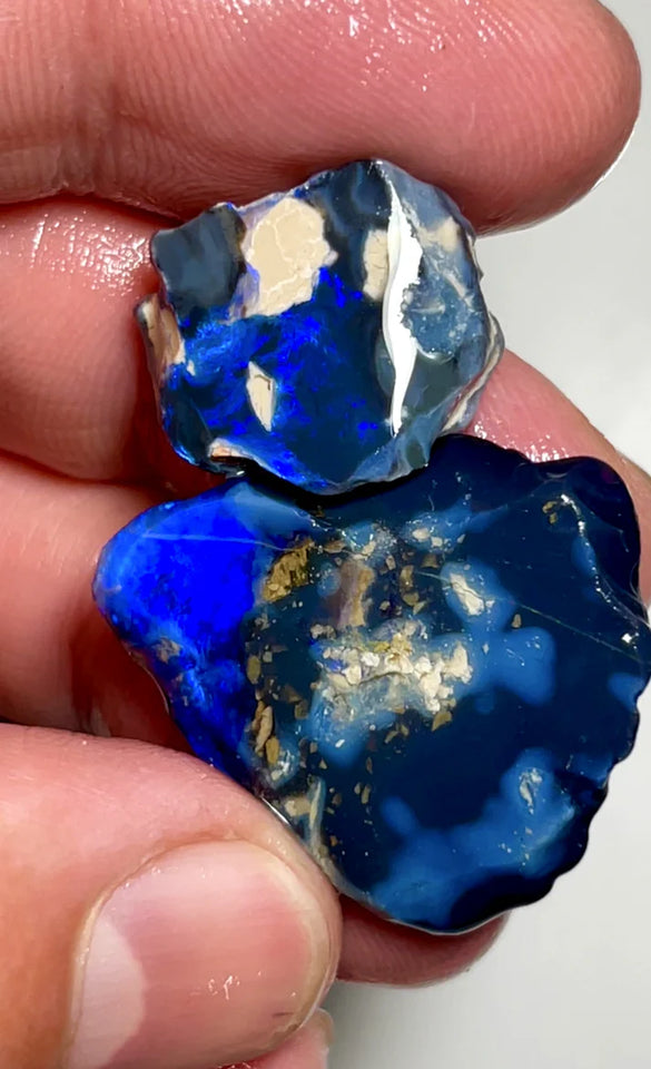 Big Blue on Black/Dark Rub rough seam opal pair 38cts L/Ridge nice Blues 30x25x5mm & 18x13x4mm NSW142