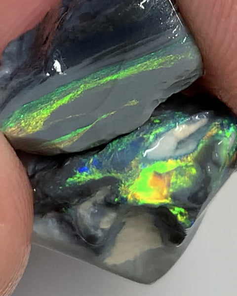 Australian Rough Mulga® Black Opal Seam pair 10cts Exotic & Stunning Cutters Gorgeous Bright Multifires & Bright bars 15x12x6mm & 12x8x6mm WSM55