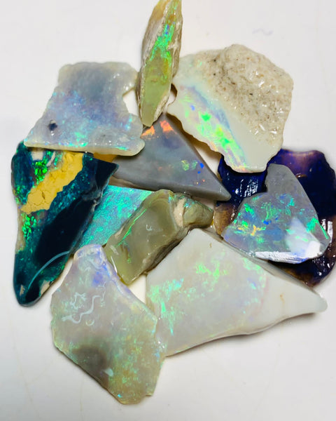 Australian Opal Rubs Parcel Black, Semi Black & Crystal Plate of colour from the Miners Bench® 44cts Bright FIRES / MULTIFIRES to faces 21x13x9mm to 9x9x3mm WSP90