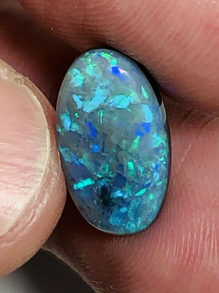 Australian Black Opal Gemstone 3.9cts N4 Body Tone B3 Brightness Confetti Pattern Green / Blue fires 15x8x3mm  GEM1227