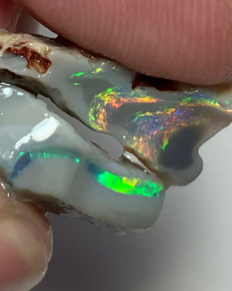 Australian Rough Opal 17cts Exquisite Pair Handpicked Select Semi Black Seams lots of Super Bright Multi colour fires to Cut 22x19x4mm & 20x9x8mm WSE678