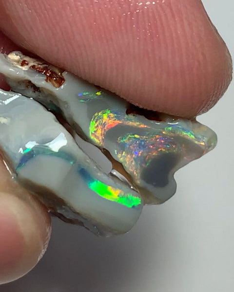 Australian Rough Opal 17cts Exquisite Pair Handpicked Select Semi Black Seams lots of Super Bright Multi colour fires to Cut 22x19x4mm & 20x9x8mm WSE678