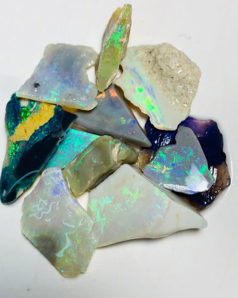 Australian Opal Rubs Parcel Black, Semi Black & Crystal Plate of colour from the Miners Bench® 44cts Bright FIRES / MULTIFIRES to faces 21x13x9mm to 9x9x3mm WSP90