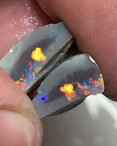 Australian Rough Opal Gem Grade semi Black knobby split pair 8.75cts Professional Cutters only! Stunning Bright exposed Reds & Multifires 15x6x9mm & 12x6x5mm WSN27