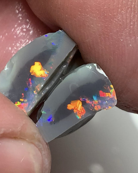 Australian Rough Opal Gem Grade semi Black knobby split pair 8.75cts Professional Cutters only! Stunning Bright exposed Reds & Multifires 15x6x9mm & 12x6x5mm WSN27