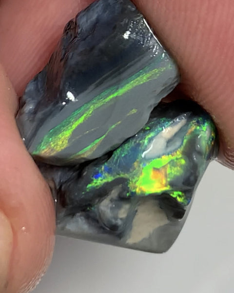 Australian Rough Mulga® Black Opal Seam pair 10cts Exotic & Stunning Cutters Gorgeous Bright Multifires & Bright bars 15x12x6mm & 12x8x6mm WSM55