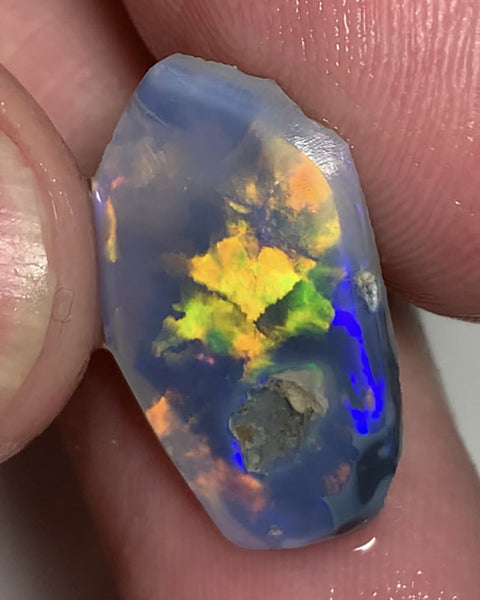Australian Opal Gem Grade Single semi Black 5cts Rub/Rough Super bright Orange/Yellow & Multifires Broad flash / almost Flagstone pattern 22x14x2mm WSN28